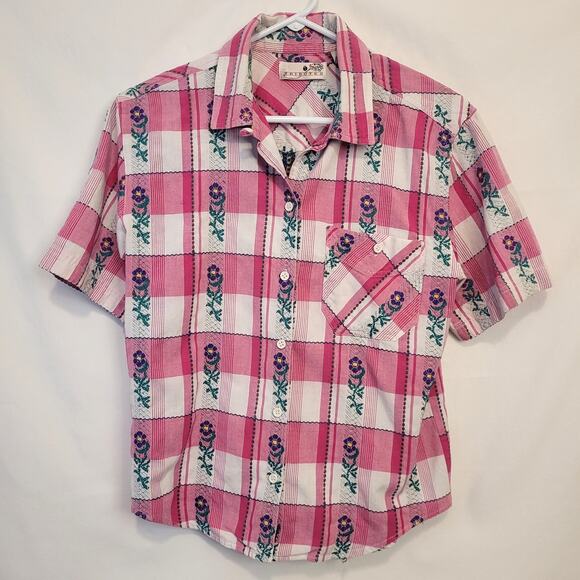 Tributes Vintage Womens Short Sleeve Floral Plaid Button Down Top Size Small - Picture 1 of 10